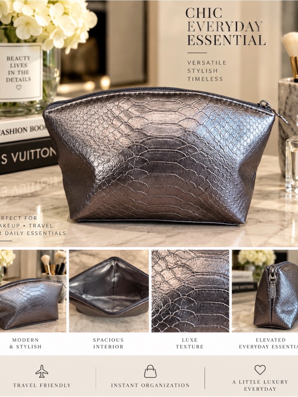 🔥NEW🔥La Prairie Croc embossed Metallic Cosmetic Bag Super cute! price firm!